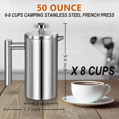 Large French Press Coffee Maker 50Oz (1.5L), 304 Stainless Steel Double Wall  Ins | eBay