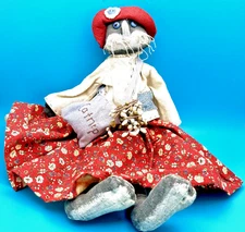 2002 Tender Hearts Collection Folk Art Doll Cloth Rag Cat Dressed Nice Condition