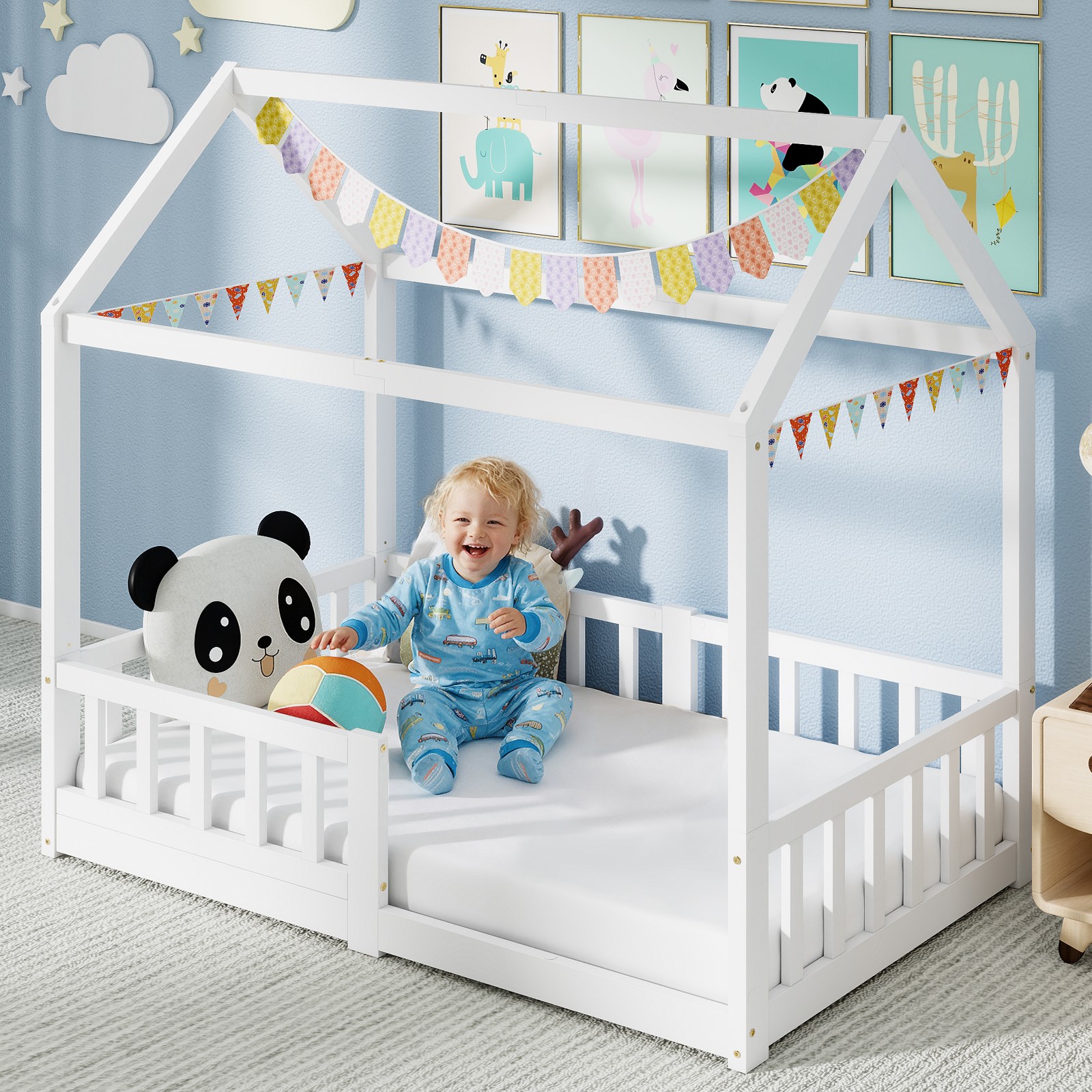NAIZEA House Bed Crib Size Solid Wood Kids House Bed Montessori Floor Bed w/Roof
