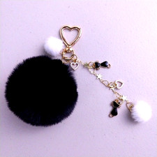 Purse Charm, Bag Charm, Bag Clip, Black  White Pom Poms, Cat Charms