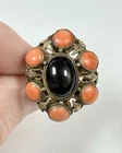Vintage Silver Ornate Filigree Cabochon Onyx & Red Coral Ring size 4