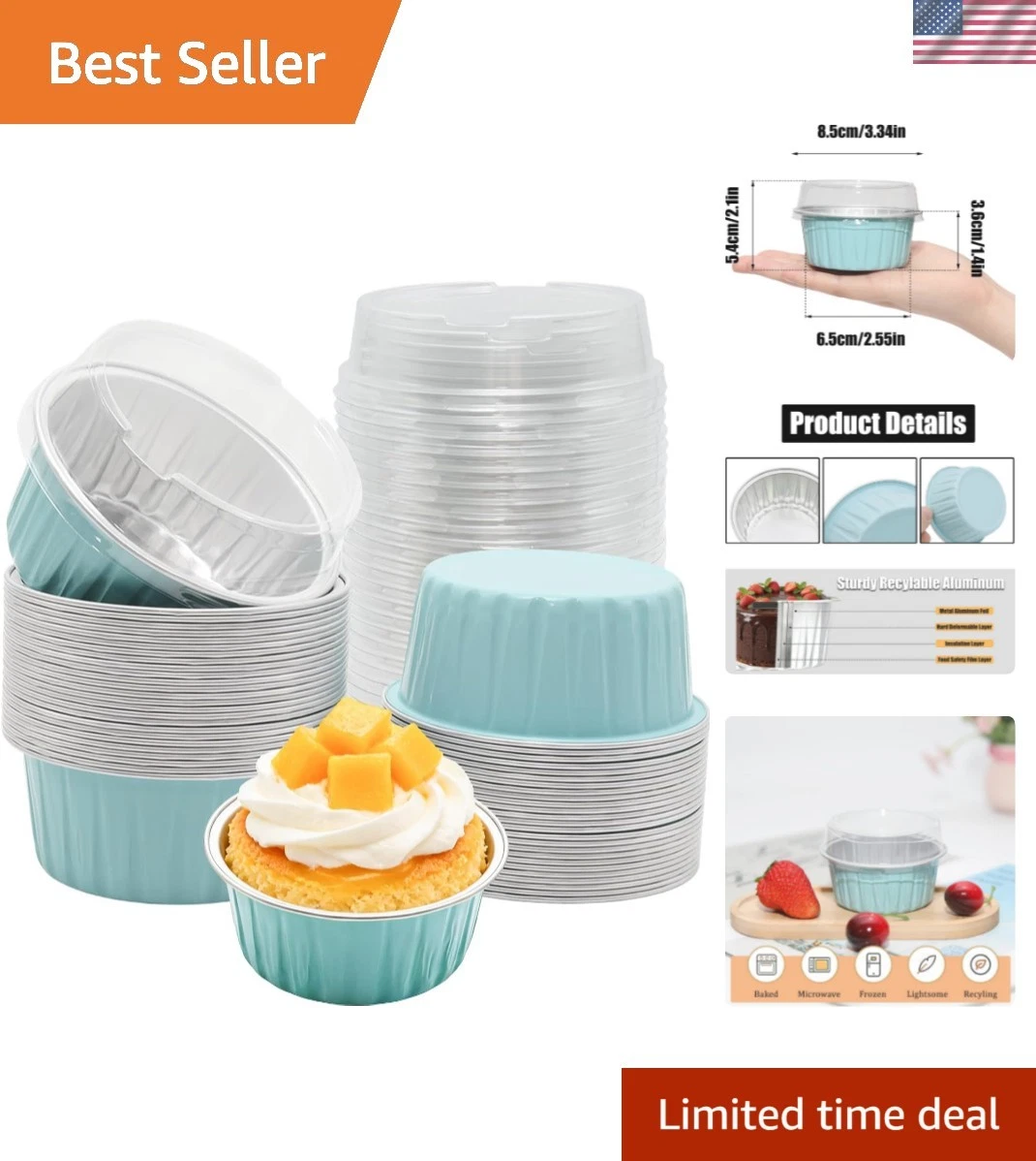 50 Pack 5oz Mini Cake Pans with Lids, Round Disposable Ramekins Brownie Puddi...