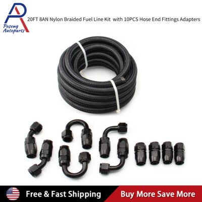 20FT 8AN 1/2'' Nylon Braided Fuel Line Kit w/ Oil/Gas/Fuel Hose Fittings Adapter