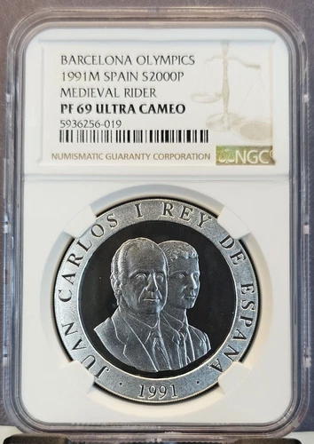 1991 SPAIN SILVER 2000 PESETAS MEDIEVAL RIDER NGC PF 69 ULTRA CAMEO TOP POP