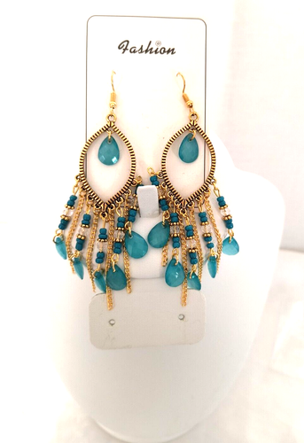 New Fashion Women's Pierced Chandelier Earrings Blue Topaz Color Gold Tone Metal - Picture 17 of 17
