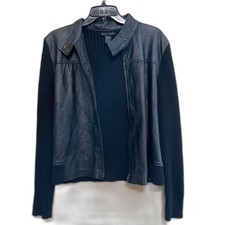 Vtg Mauice Sasson Mixed Leather Knit Sweater Jacket Womens Large Black Moto