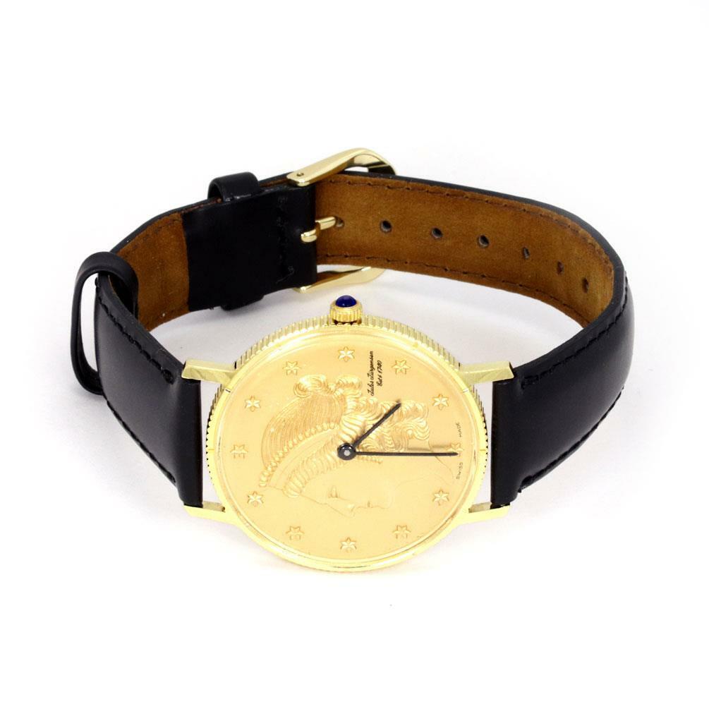 59099 Jules Jurjensen Men's 14k Gold Coin Hand Wind Leather Band