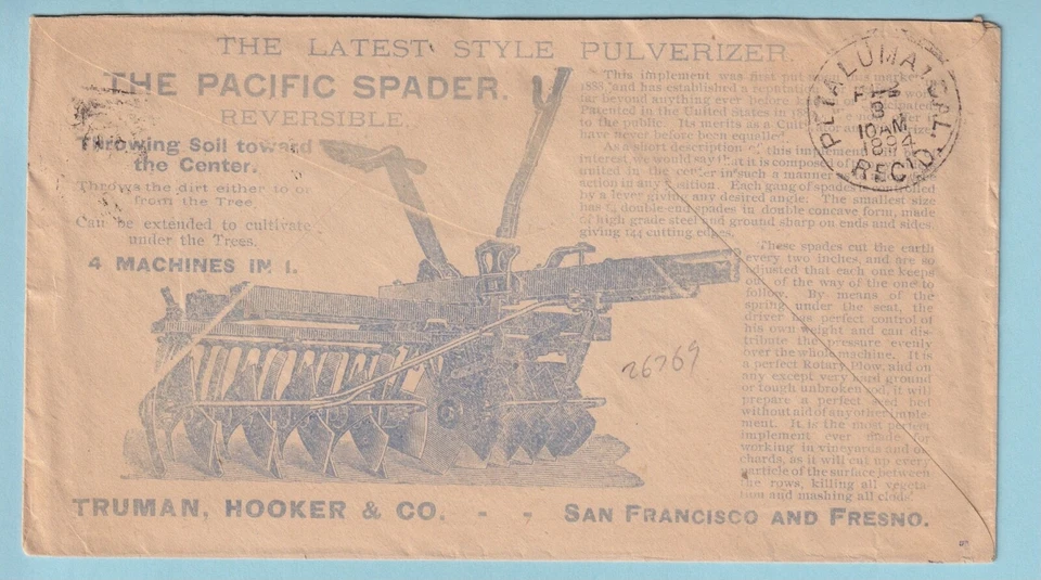 US ADVERTISING COVER 230 COLUMBIAN HUMOROUS FARMING PETALUMA CA 1894 RARE! B005 - Image 2 of 2