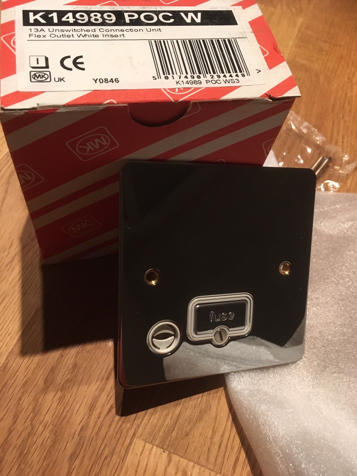 MK K1489 POC W 13A Unswitched Connection Unit Flex Outlet Polished Chrome
