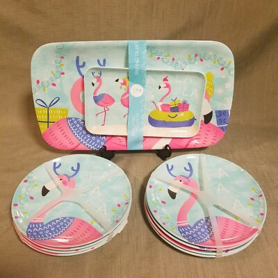 10 Pc. Fa La La MELAMINE  FLAMINGO 8-Snack Plates 2-Trays Spring/Summer New!