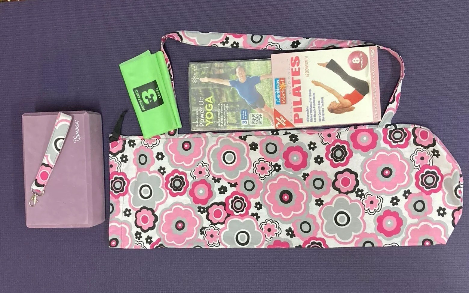 Yoga Mat Bag, Rodney Yee Yoga DVD,Caribbean Pilates DVD, Strap, Block,& keychain