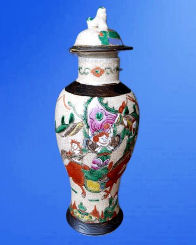 Antique Japanese Warriors Meiji crackle vase with base mark 12" Circa 1900 - Picture 7 of 23