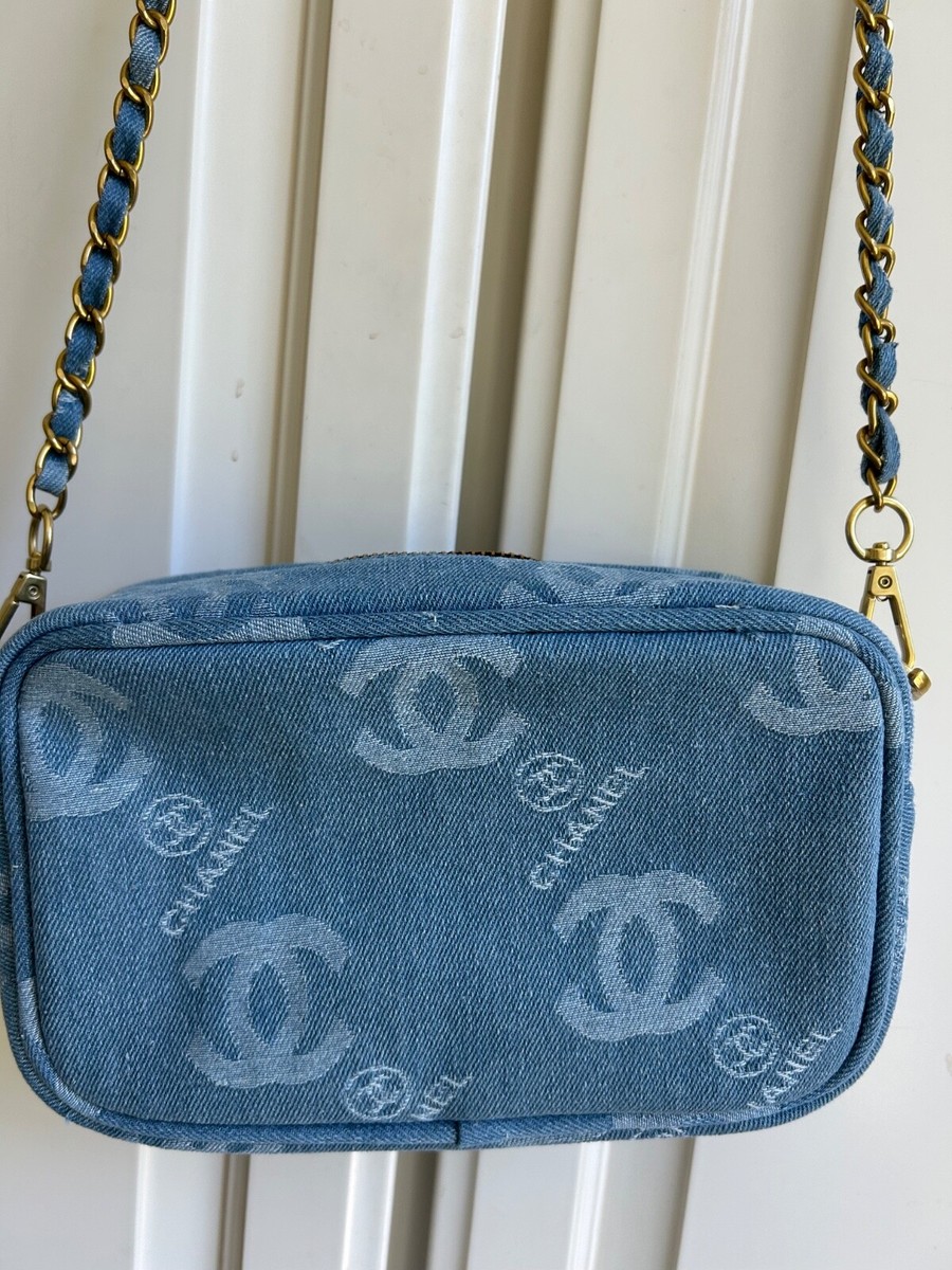 CHANEL Blue Denim Makeup Bag with Chain Crossbody Bag Limited VIP