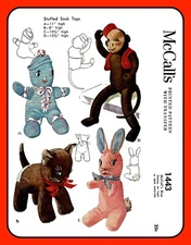 Stuffed Sock MONKEY Pattern Bunny CAT Kitten DOLL McCall's 1443 VTG 1946