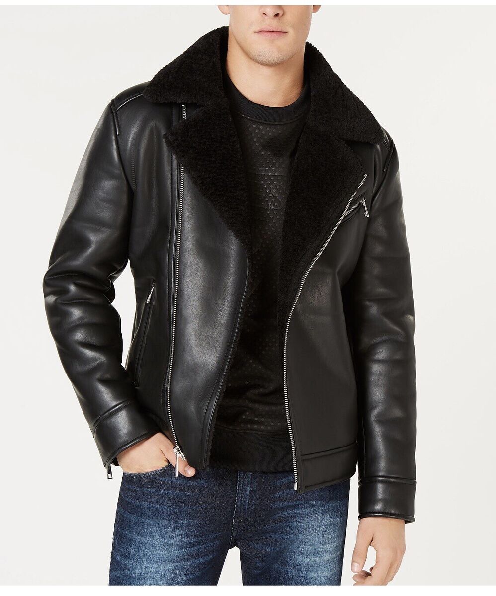 Guess Mens Asymmetrical Black Faux Leather Fur Motorcycle Guess Mens Asymmetrical Black Faux Leather Fur Motorcycle