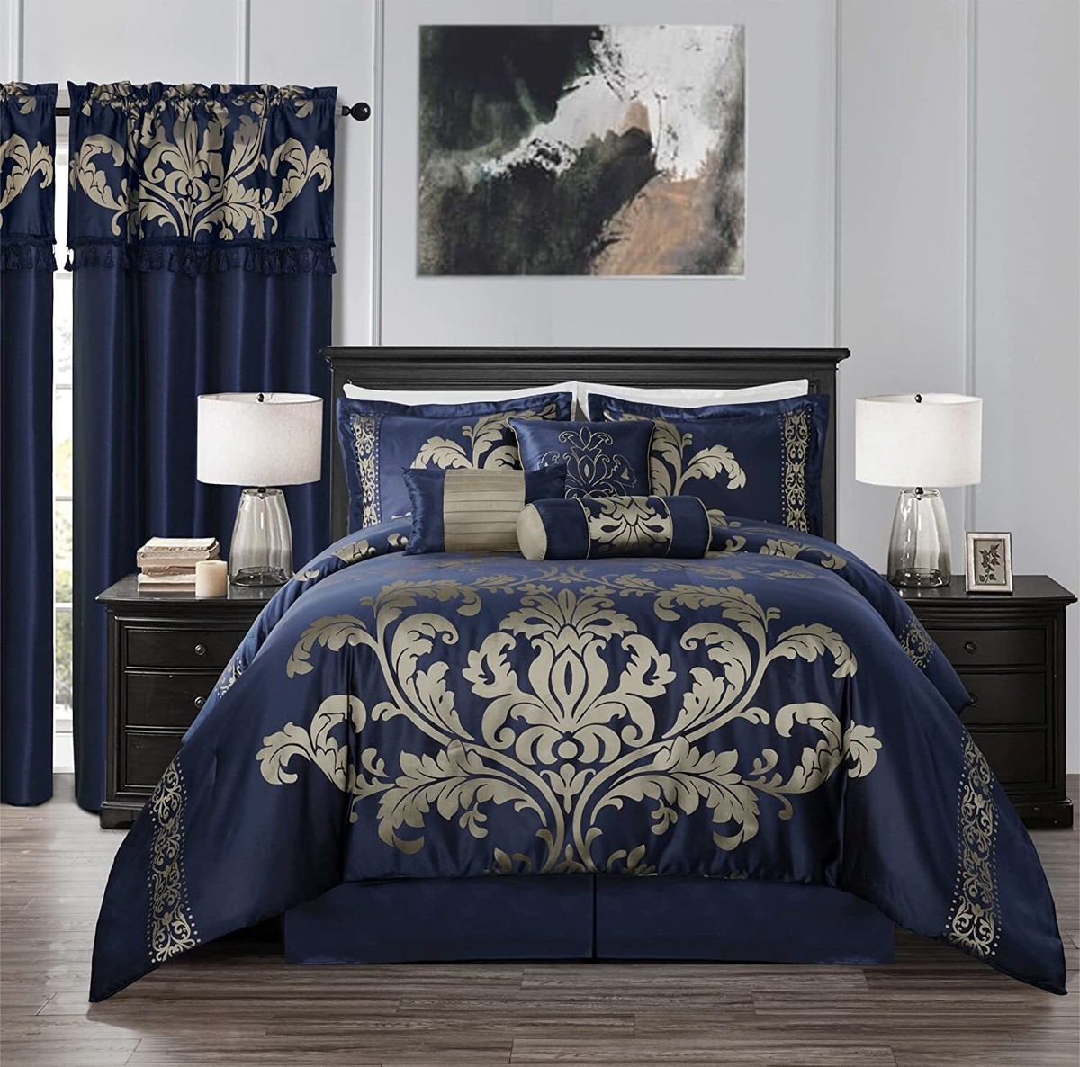 7-Piece Navy Gold Floral Jacquard Comforter Set Oversized Bedding Set
