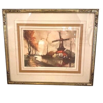 Vintage After Joost Van Santen Windmill Color Etching Framed Matted #56
