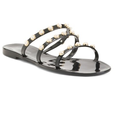 Steve Madden Studded Pearl Flat Sandals, Slip-On 3-Band, Yalsa Black