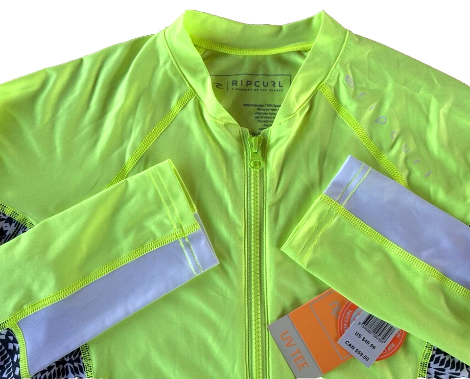 НОВЫЙ С ЯРЛЫКАМИ RIP CURL ЖЕНЩИН КРАСИВЫЙ ЛАЙМ ЗЕЛЕНЫЙ УФ ЗАЩИТЫ ЭЛАСТИЧНОЙ ФУТБОЛКА ВЕРХНИЙ ПОЛНЫЙ МОЛНИИ L - Изображение 3 из 4