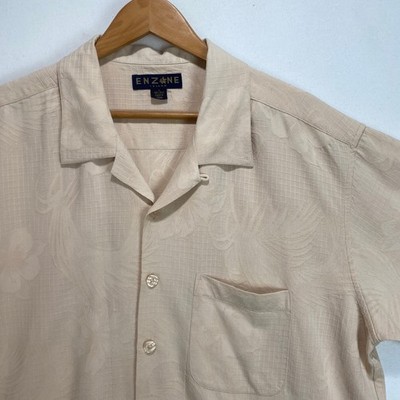 ENZONE ISLAND Beige Silk  Mens Sz L Tropical Floral Short Sleeve Button Up Shirt