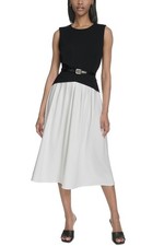 Halston Womens Sleeveless Split-Color Flared Midi Dress 14 Black/Cream NWT $159