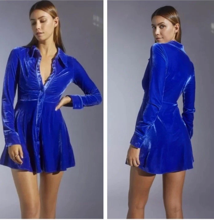 Urban Outfitters Mujer Nellie Terciopelo Acanalado Botón Camisa Vestido Azul, M, ¡Nuevo! Foto 4 de 4