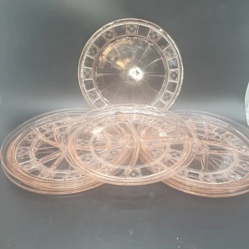 Jeannette Pink Doric Pansy Depression Glass 9” Divided Plates Set Of 6