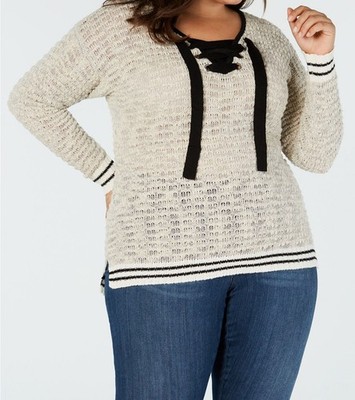 Say What Women's Beige Trendy Lace-Up Pull-Over Plus Size Sweater Size 2X