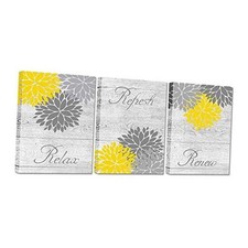 Yellow and Grey Bathroom Pictures Wall Art Dahlia Flowers Painting Prints