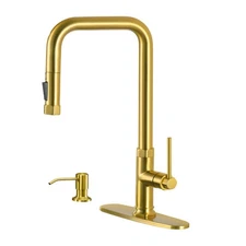 Brushed Gold Kitchen Faucets with Soap Dispenser - Modern Single Handle Pull-...