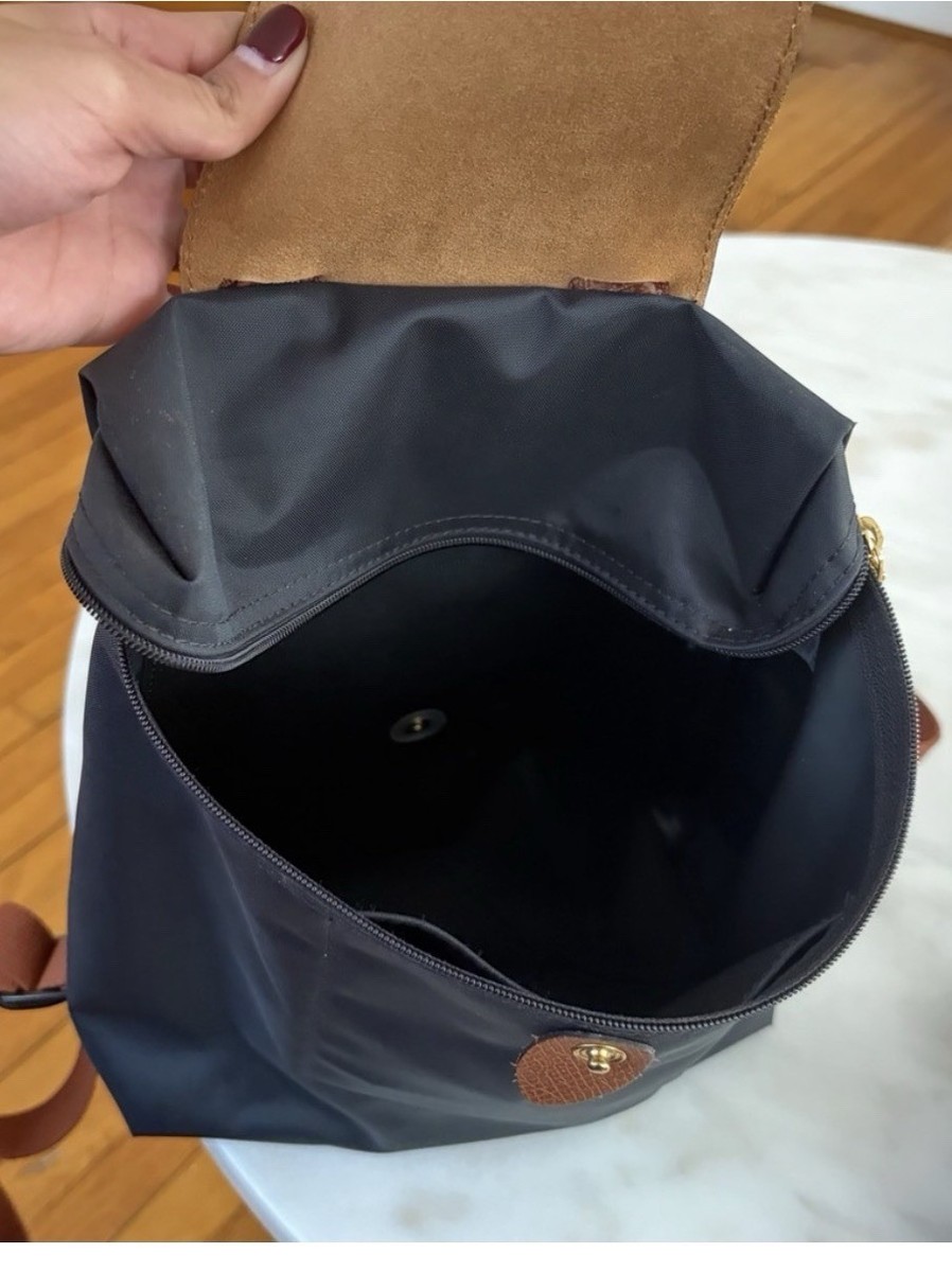 Longchamp Le Pliage Nylon Backpack Black Brown Leather Flap 