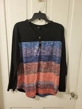 SHEIN Curve Womens 0XL V-Neck Multicolor Striped Long Sleeve Swing Shirt