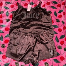 NWT Juicy Couture Satin 2-Piece Brown Monogram Rhinestone Pajama Set Size Large