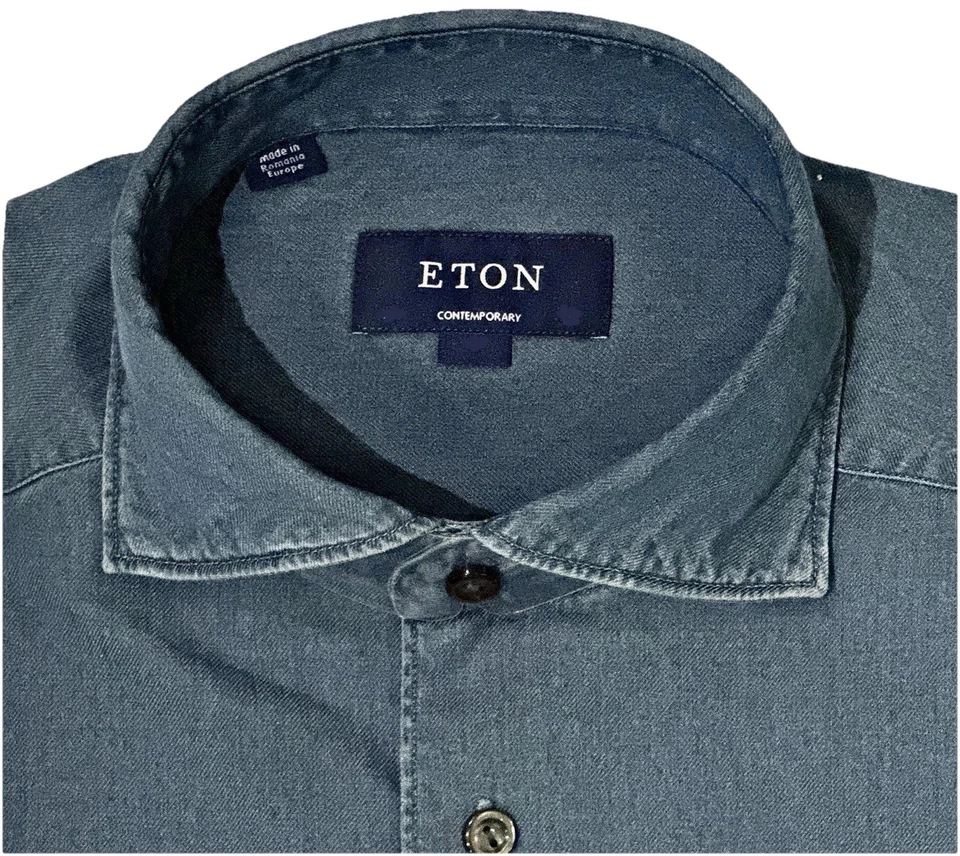 $395 NEW ETON DRESS SHIRT CASHMERE COTTON INDIGO DENIM L 16.5 42 CONTEMPORARY - Image 3 of 4