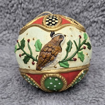 Christmas Ball Ornament Plaster Quail Black White Checkered Green  Only One