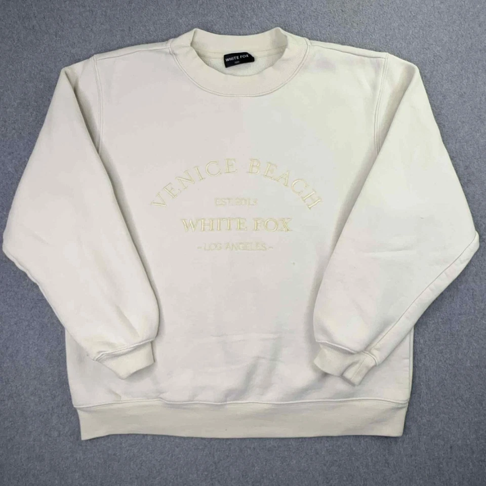 White Fox Sweatshirt Womens Size S/M Cream Embroidered Logo Venice Beach Preppy - Image 2 of 4