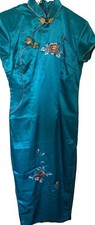 Women s Blue Satin Qipao Cheongsam Dress Floral Embroidery Mandarin Collar S