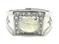 Type A Icy White Burmese Jadeite CZ Ring 22.5ct 925 Silver Adjustable