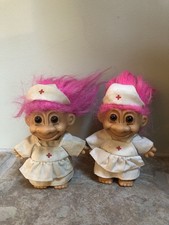 Set Of Two Vintage Russ Troll Dolls Red Cross Nurse Pink Hair 5"