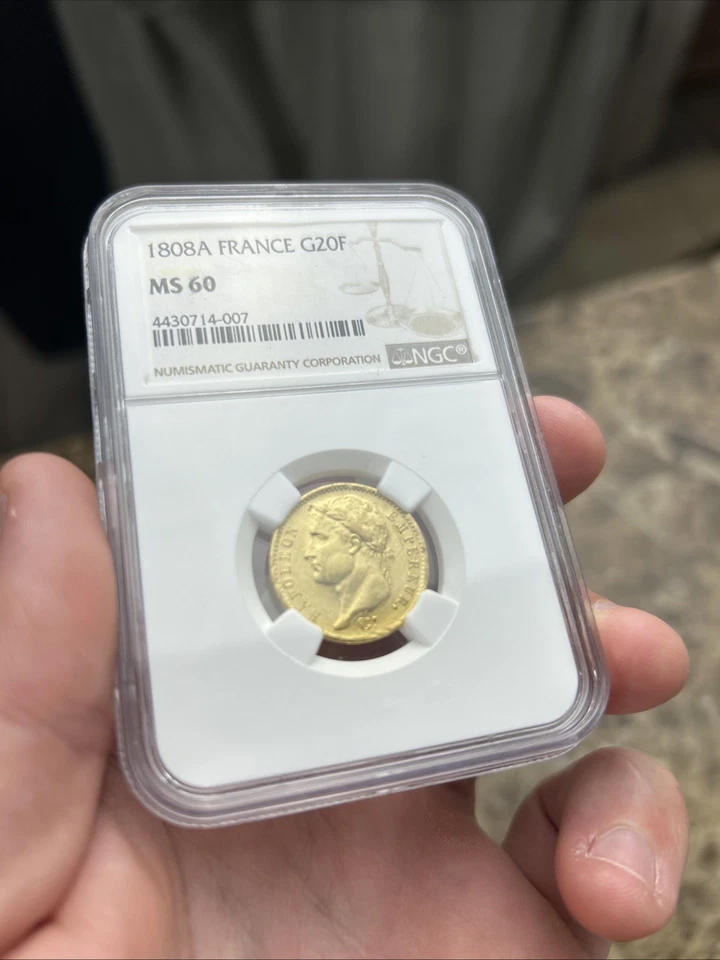Moneda de oro Napoleón 1808A Francia G20F MS60 Foto 3 de 4