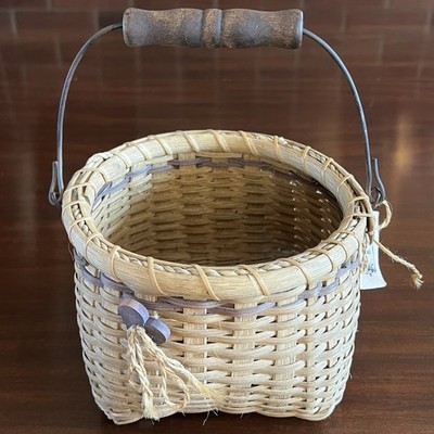 Hand-Woven Basket 7  Diameter Wood Metal Handle Creekside Baskets Alice Sier NEW