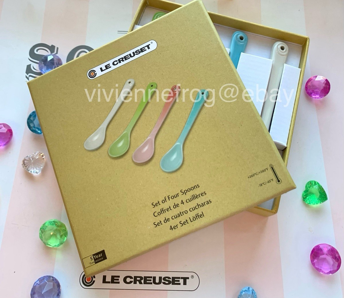 LE CREUSET BLUE PINK WHITE GREEN CAFE TEASPOONS TEA SPOONS SET @ 4