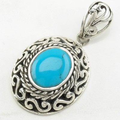 Southwest Block Turquoise Filigree Sterling Silver Pendant