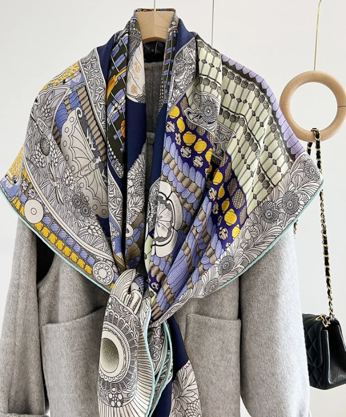 70% Cashmere 30% Silk Wrap Scarf armour Print Double Face Print Shawl 135X135cm - Image 3 of 4