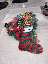 Vintage Cardboard Die Cut Christmas Decoration Filled Stocking Tree poinsetta