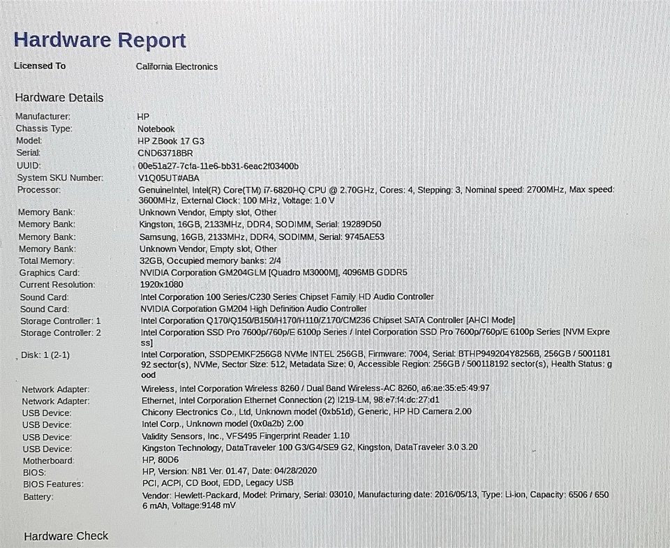 HP ZBook 17 G3 Laptop i7 6820HQ 2.70GHZ 17.3" FHD 32GB 256GB NVMe M3000M Win 11 - Image 2 of 4