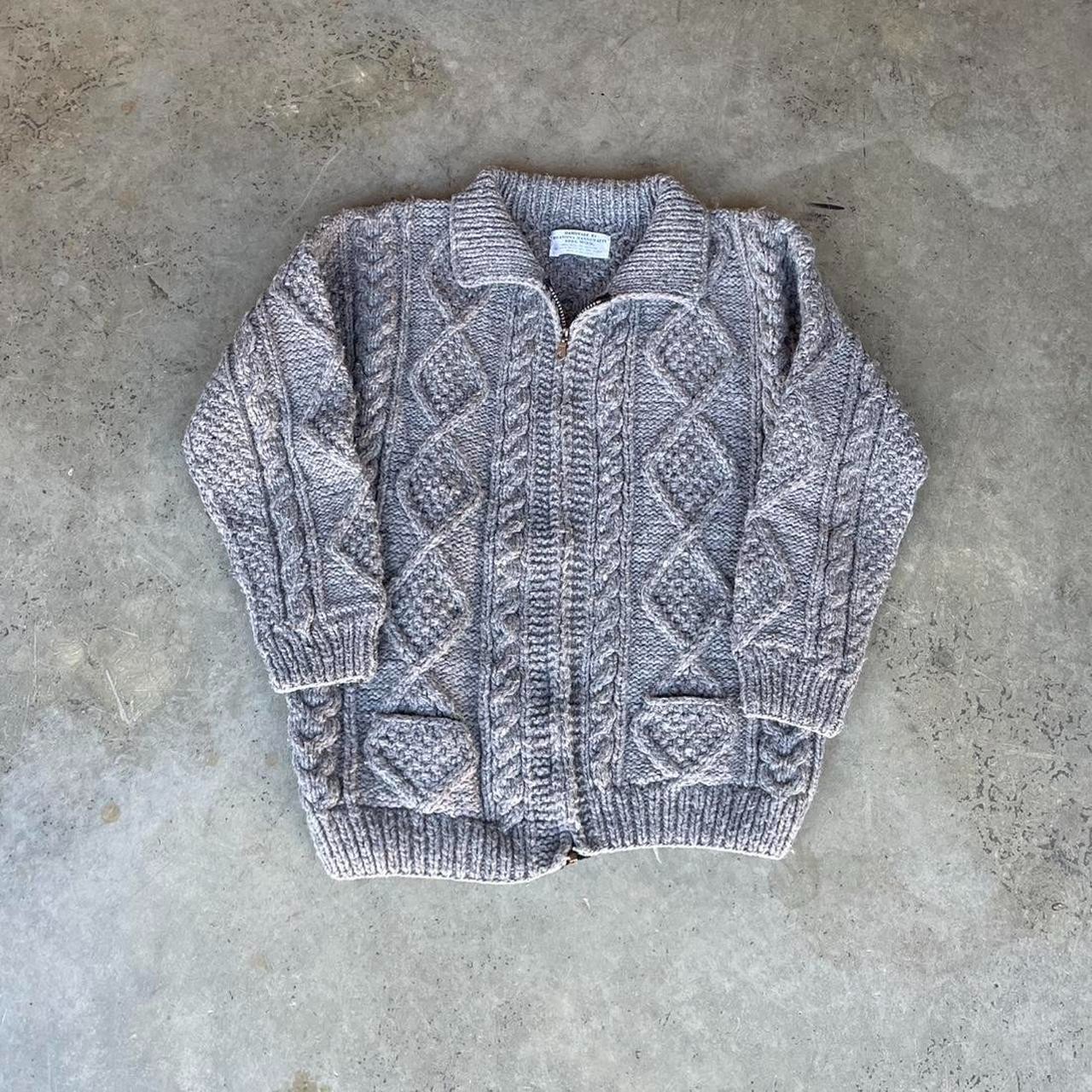 Vintage Chunky Cable Knit Wool Cardigan Handmade Zip Sweater