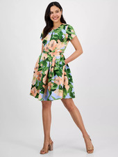 Tahari ASL Fit Flare Pleated Dress Peach Magnolia Floral Belted Sz 14,MSRP: 169$