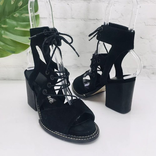 FREE PEOPLE Sandals Size 37/6.5 Black Suede Block Heel Gladiator Ankle Lace Up - Picture 4 of 13