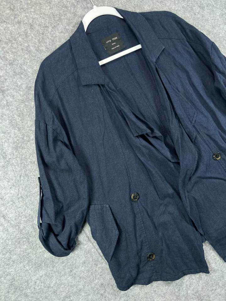 Love Tree Shirt Jacket Womens S Navy Blue Linen Rayon Top Blouse Pockets Casual Foto 4 de 4